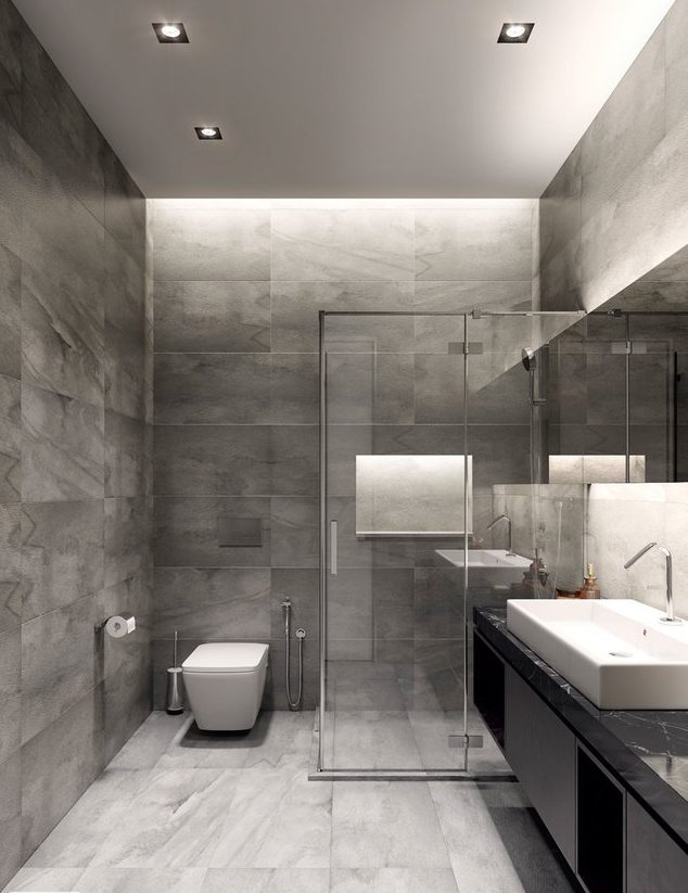 Diseño de baños modernos en color blanco y gris, líneas, comodidad y