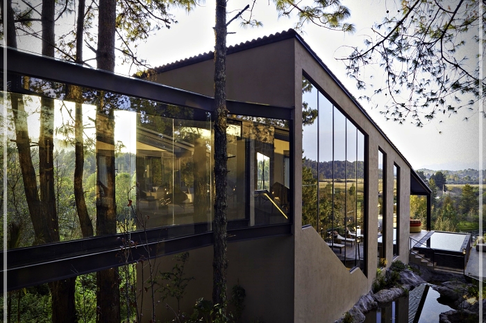 casa con fachada de vidrio y piedra