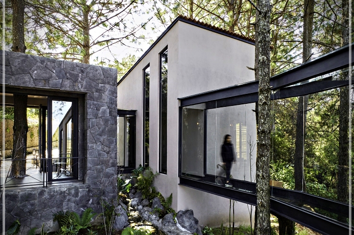 casa con fachada de vidrio y piedra