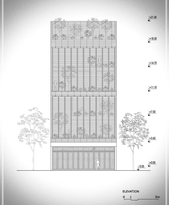 plano de casa con fachada de madera