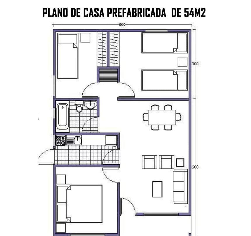 plano de casa prefabricada 54m2