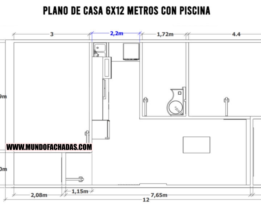 plano de casa 6×12 metros con piscina